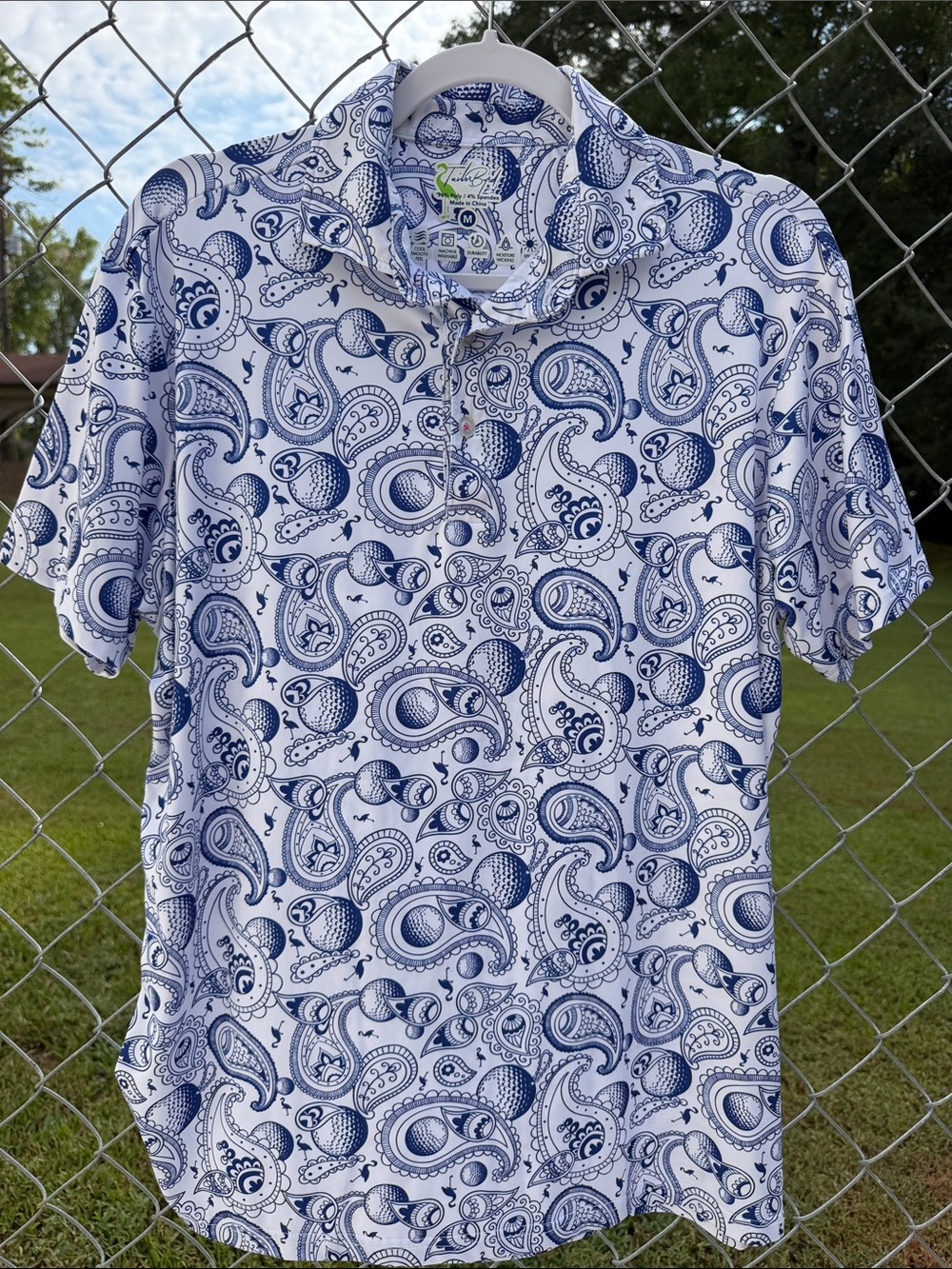 Men's White & Blue Paisley Short-Sleeve Shirt Golf Shirt